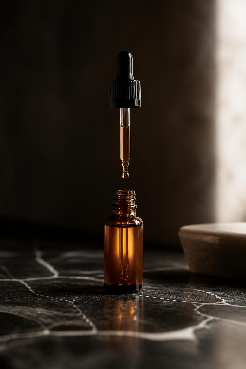 Still life editorial — serum ámbar con gota suspendida sobre mármol, Haenkenium