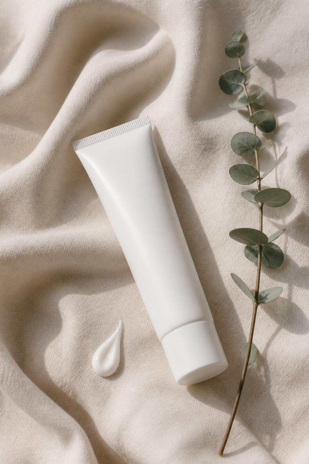 Still life editorial — protector mineral sobre lino cream, Tizo3