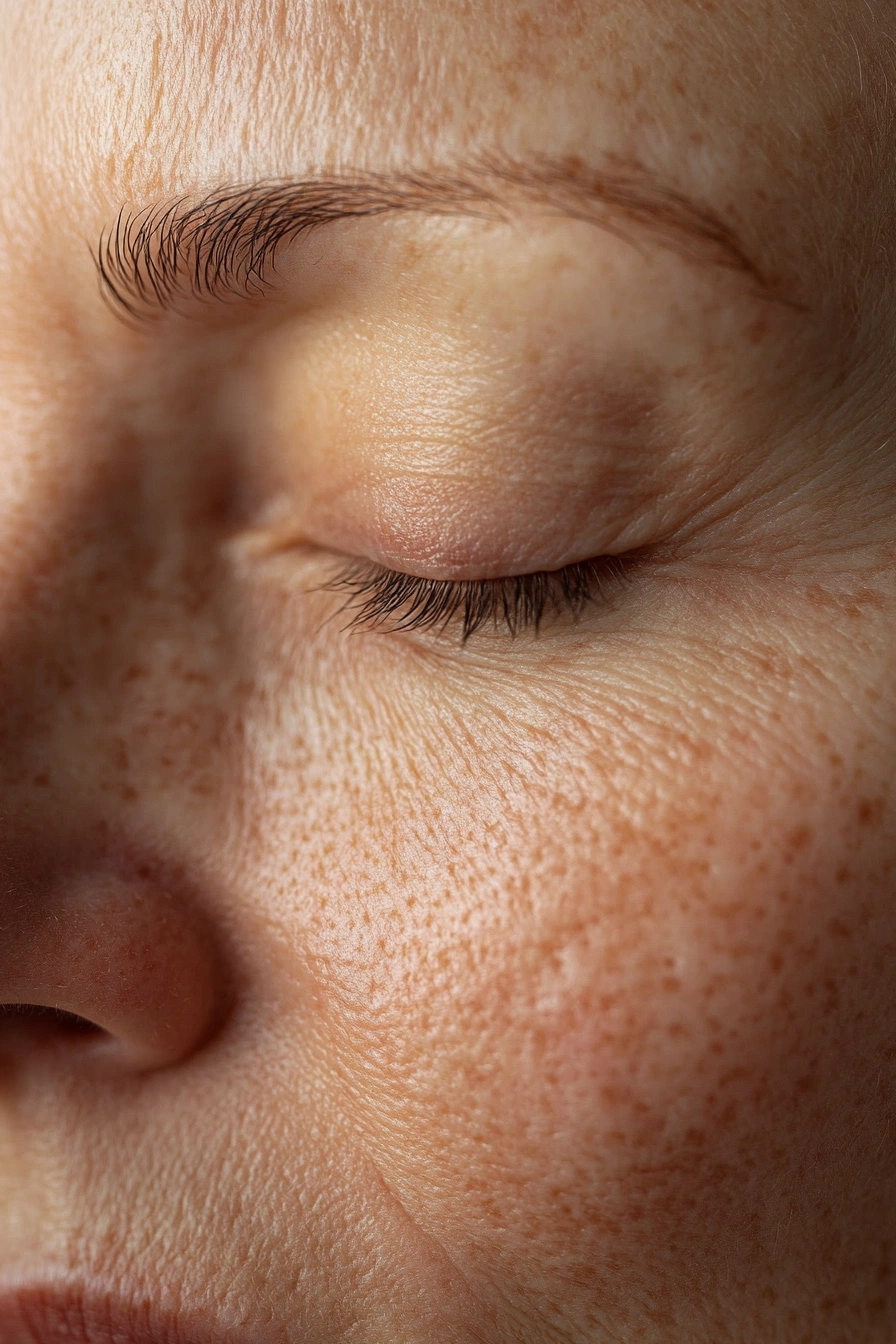 Editorial B&N — macro de ojo cerrado y piel, rejuvenecimiento facial