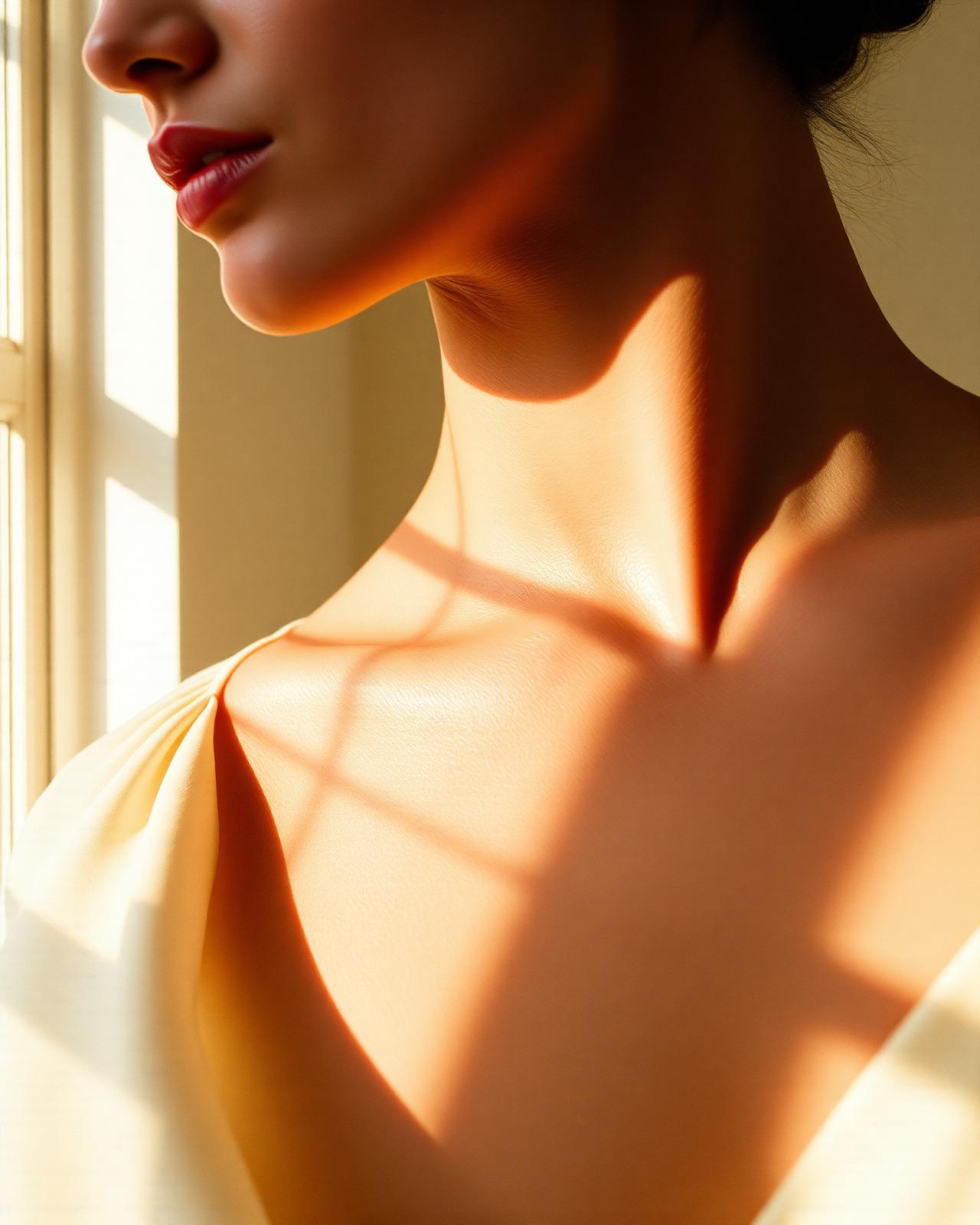 Editorial — clavícula y cuello luminosos en seda cream, Profhilo