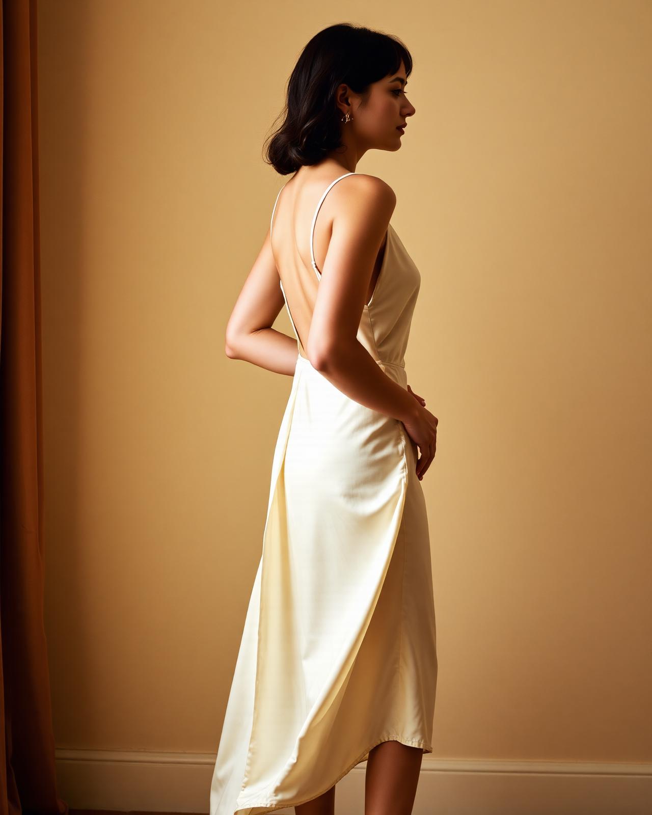 Editorial — silueta de mujer en slip dress cream que define el abdomen, abdominoplastia